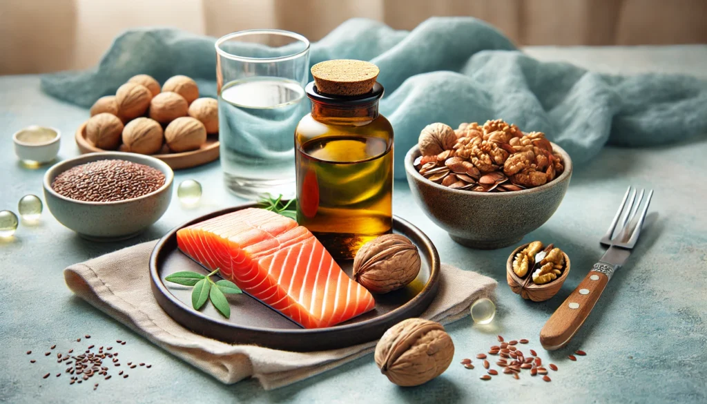 A calming wellness scene featuring a bottle of Omega-3 fish oil supplements alongside fresh salmon, walnuts, and flaxseeds on a soft blue cloth, highlighting the benefits of Omega-3s for anxiety relief.