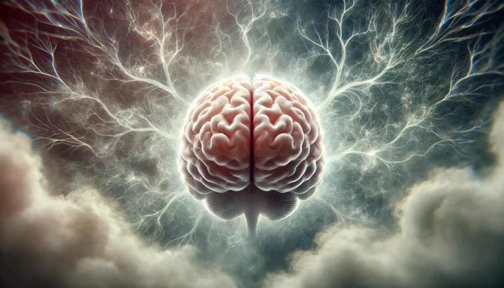 A symbolic image of a human brain surrounded by a hazy fog, representing the cognitive impairment caused by Ativan. Neural pathways appear blurred and fading, illustrating memory loss and confusion associated with prolonged use of the medication.