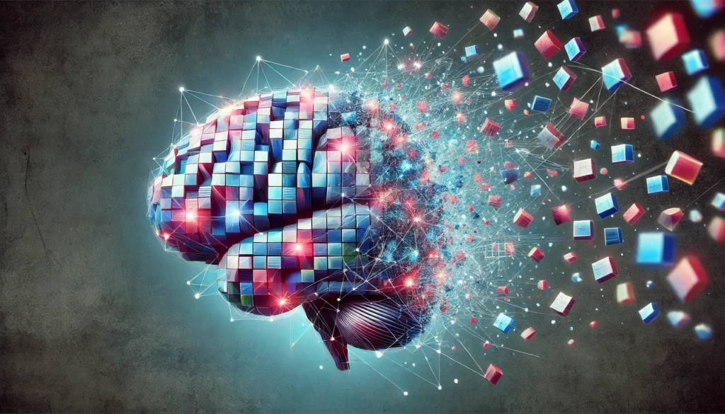 An abstract visualization of a brain with fragmented memory pieces floating away, symbolizing the effects of Ativan on cognition. The scattered pieces represent lapses in recall and focus, visually depicting the impact of the drug on mental clarity.