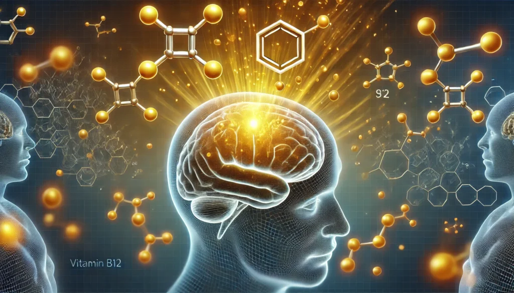 A futuristic depiction of a brain being nourished by vitamin B12 molecules, symbolizing its importance in dementia prevention. Glowing golden molecules enter the brain, enhancing neural activity and preventing cognitive decline.