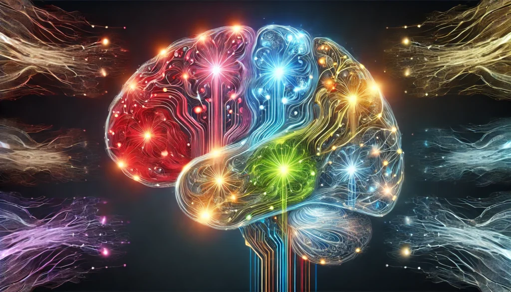 A conceptual illustration of the human brain divided into different sections, each glowing with distinct colors, representing various memory types such as short-term, long-term, and sensory memory. The neural pathways connecting these areas symbolize the dynamic interaction between memory systems.