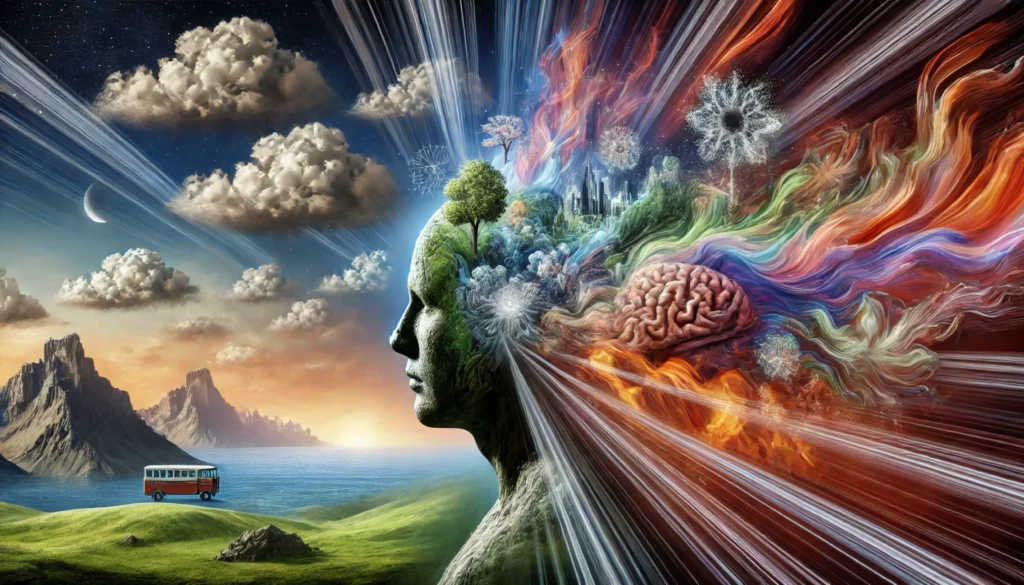 A surreal representation of memory types with a human head transitioning between different landscapes, symbolizing sensory, short-term, and long-term memory. The visuals change from vivid details to abstract blurs, illustrating how memories fade or strengthen over time.