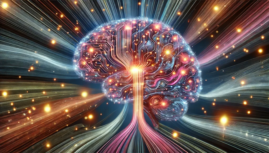 An artistic representation of memory processing, showing a brain with streams of data flowing between different regions. The glowing pathways represent the transition of information between short-term, long-term, and working memory, illustrating the dynamic nature of cognition.