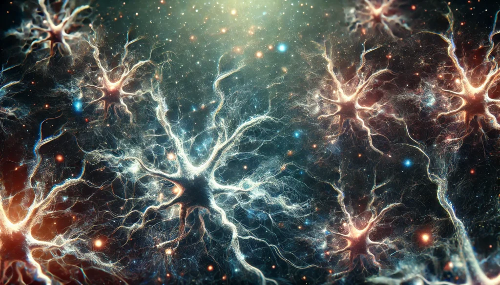 An abstract depiction of neurons with fading electrical impulses, representing weak brain connectivity and memory decline. Some synapses appear broken or flickering against a dark, cosmic background.