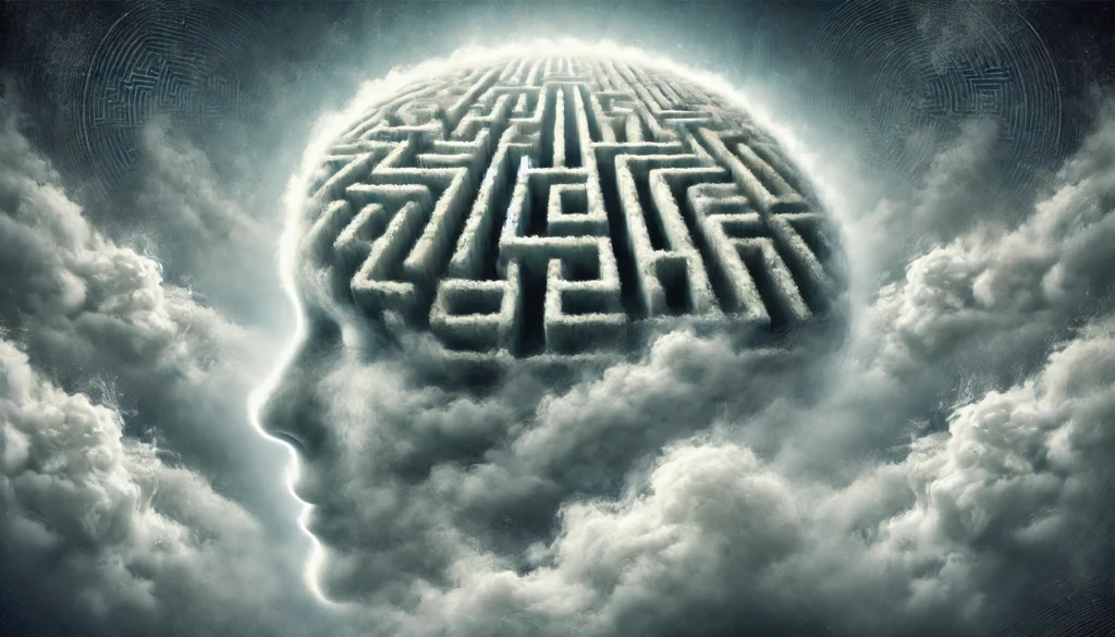 A surreal image of a foggy maze inside a human brain, symbolizing cognitive confusion and difficulty in retrieving memories. The endless pathways fade into darkness, evoking a sense of disorientation.