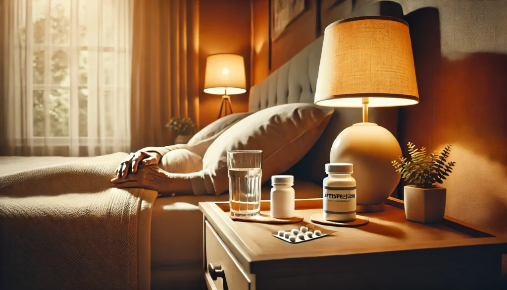 A serene elderly person's bedroom featuring a bedside table with a glass of water, a lamp, and a bottle of antidepressants, symbolizing a thoughtful approach to dementia care and medication management.