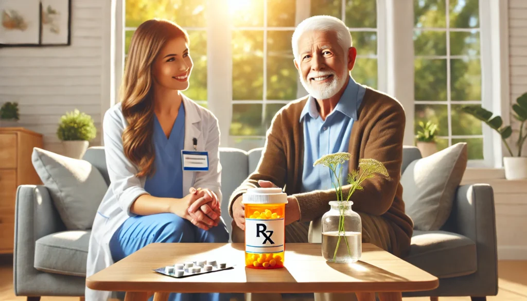 A supportive caregiver and an elderly patient sitting together in a bright, welcoming living room, with a focus on a table featuring a prescription bottle of antidepressants, symbolizing compassionate dementia care and medication management.