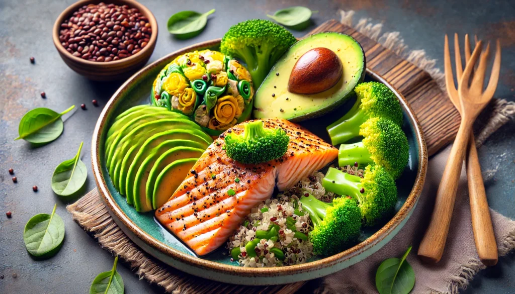 A nutritious meal featuring brain-boosting foods for seniors, such as grilled salmon, quinoa, avocado, and steamed broccoli, elegantly plated on a ceramic dish. The vibrant colors and fresh textures highlight the cognitive health benefits of these superfoods.