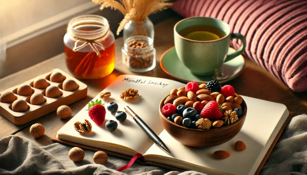 A cozy study environment with a cup of green tea, a bowl of nuts, and fresh berries placed next to an open notebook. The warm setting highlights the benefits of mindful snacking for better focus and retention while studying.