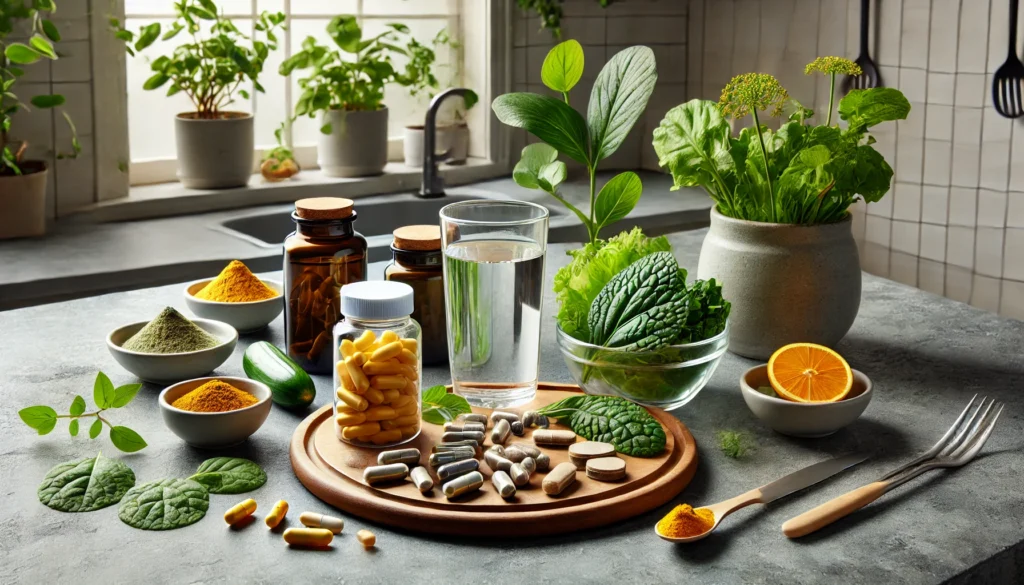 An elegant arrangement of supplements such as ginkgo biloba, vitamin D, and fish oil capsules, placed alongside fresh herbs in a bright and calming setting—ideal for promoting cognitive health.