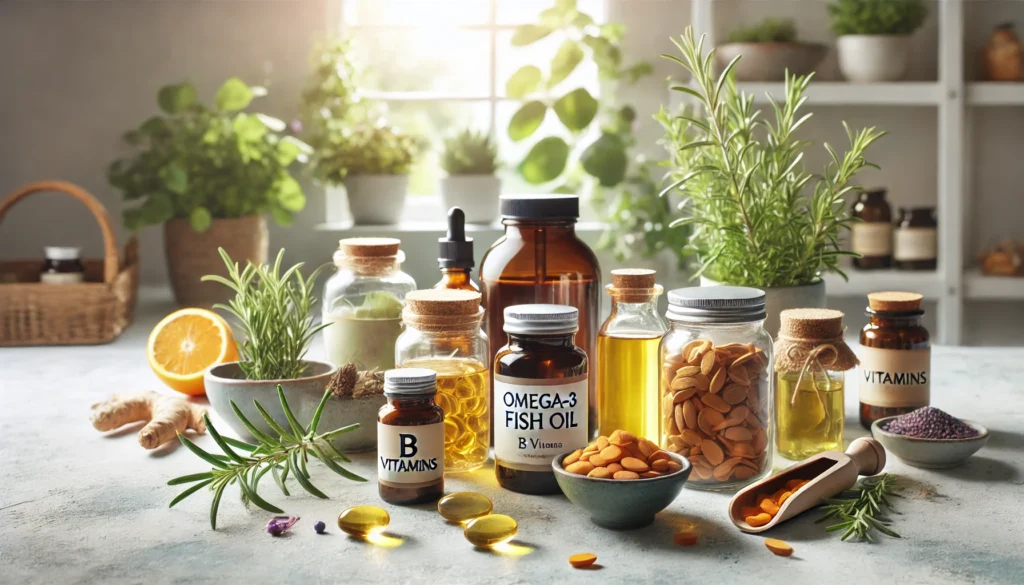 An aesthetically arranged setting featuring natural supplements, including B vitamins and omega-3s, alongside fresh fruits and nuts—promoting cognitive health and memory support for dementia.