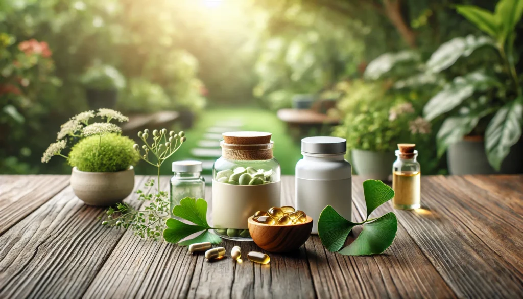 A serene and natural setting featuring an assortment of supplements, including acetyl-L-carnitine and vitamin E, placed alongside green tea and berries—showcasing the best memory supplements for dementia.