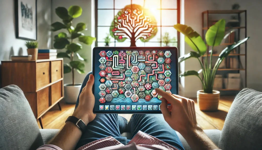 An artistic depiction of a person seated on a cozy couch, engrossed in solving a vibrant memory match game on a tablet, set in a modern living room filled with natural light and greenery, symbolizing the relaxing yet stimulating benefits of the best mind games.