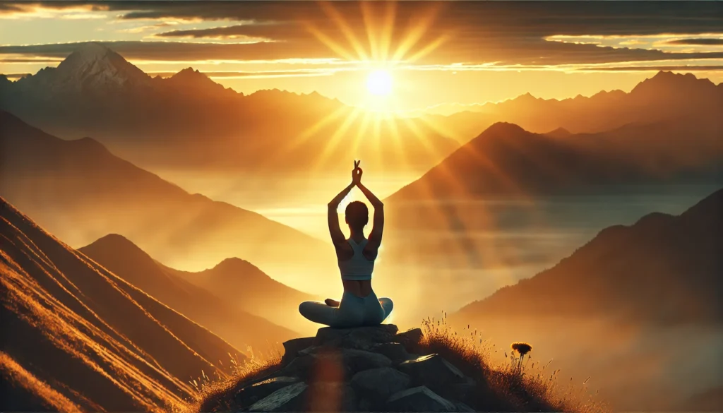 A woman practicing yoga on a mountaintop at sunrise, radiating calmness and self-love. The background features a vast landscape with golden sunlight illuminating the peaks, evoking a sense of balance and empowerment