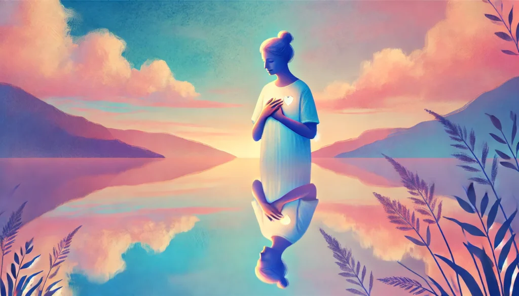 A woman standing by a tranquil lake at sunset, gently placing her hand on her heart, symbolizing deep self-love and self-acceptance. The background features soft pastel skies reflecting on the water, evoking a sense of serenity and inner peace