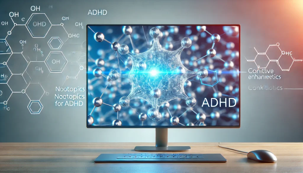 A futuristic illustration of synthetic nootropics for ADHD, featuring a glowing molecular structure with a sleek blue and silver design, symbolizing scientific advancement and innovation