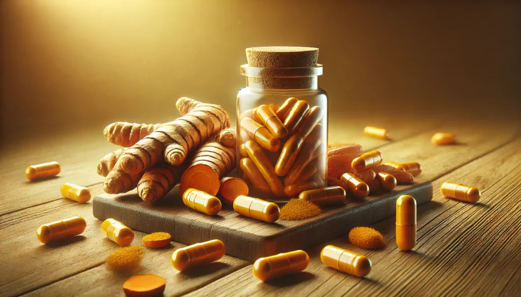 Turmeric root and curcumin capsules placed on a wooden surface, highlighting curcumin's traditional use and anti-inflammatory properties