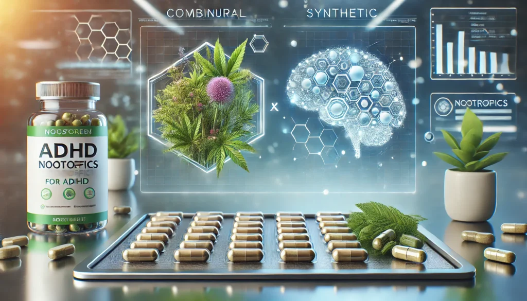 A minimalist image illustrating the combination of natural and synthetic nootropics for ADHD, with capsules and herbal ingredients on a reflective surface against a futuristic bokeh background