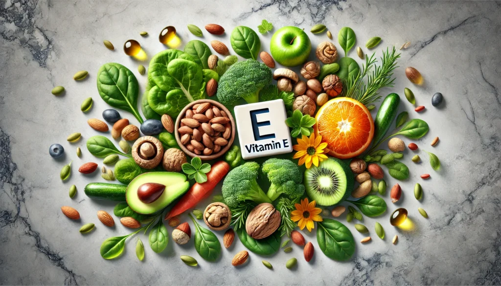 A selection of nuts, seeds, and leafy greens displayed on a marble surface, showcasing Vitamin E as a natural antioxidant to combat brain inflammation