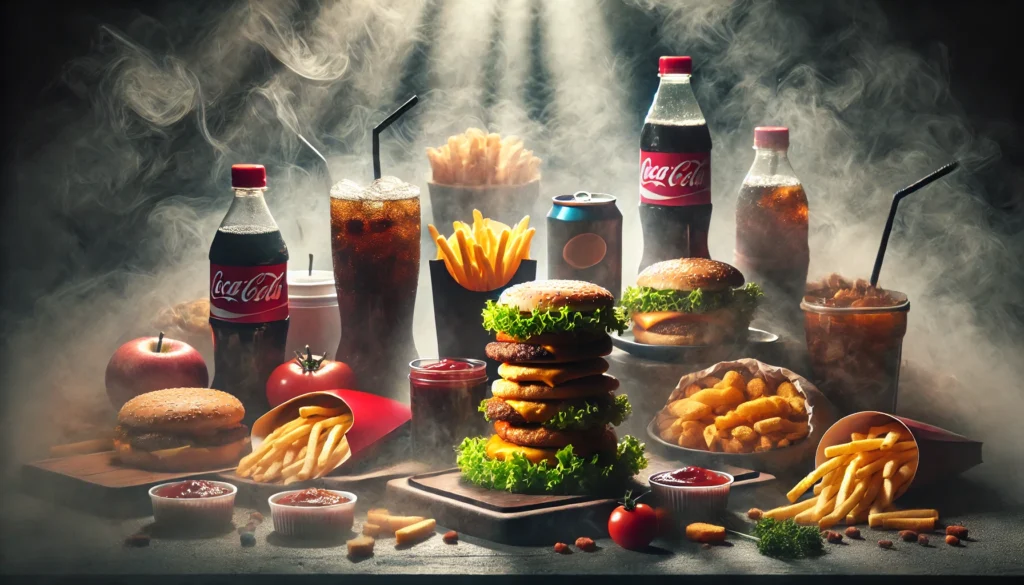 A dramatic scene of fast food items like burgers, fries, and soda arranged in a chaotic manner, with a foggy atmosphere surrounding them. The dark ambiance symbolizes the negative impact of these foods on brain clarity and focus.