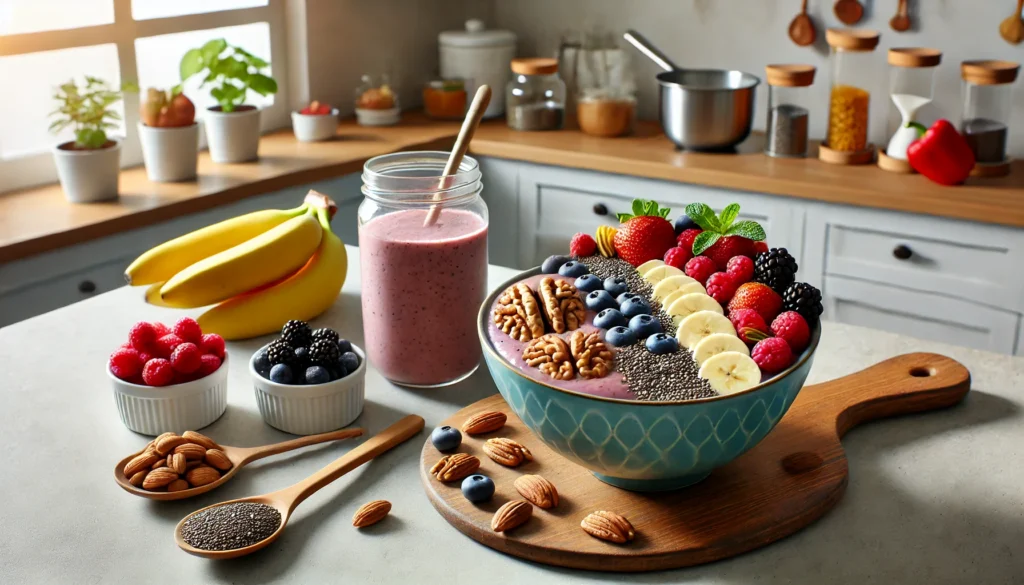 A serene kitchen counter featuring a colorful smoothie bowl made with brain-enhancing ingredients like bananas, chia seeds, and fresh berries, garnished with nuts. The presentation highlights the role of nutrition in improving brain functionality.