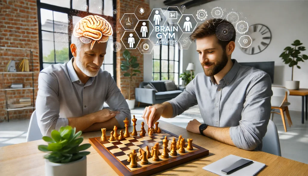 An engaging portrayal of two individuals seated at a table in a bright, modern room, deeply immersed in a game of chess, symbolizing strategic thinking and mental resilience as part of brain gym activities for adults.