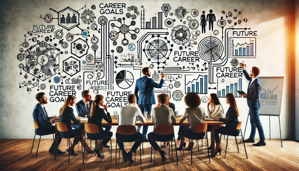 Diverse group of professionals brainstorming and mapping out career aspirations on a whiteboard, emphasizing teamwork, strategic planning, and future career goals in a collaborative office setting