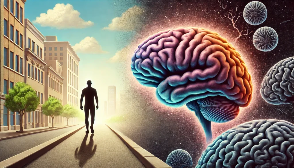 A symbolic depiction of alcohol’s long-term damage to brain health, showing a human figure walking down a path where the brain above them changes from bright and healthy to dark, shrunken, and deteriorated. This transition visually represents the progressive cognitive effects of prolonged alcohol consumption.