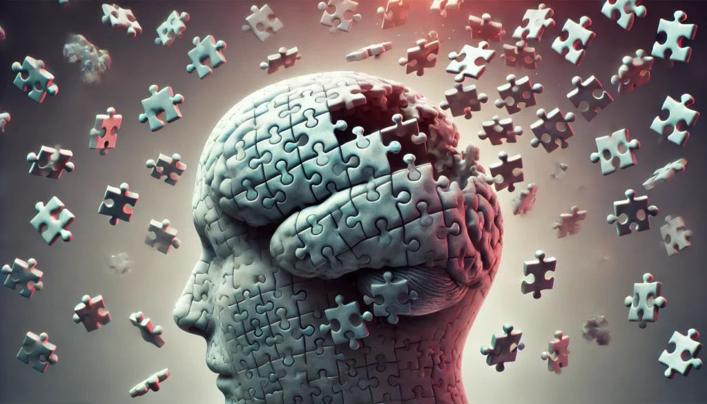 A surreal representation of a brain with puzzle pieces missing, symbolizing memory gaps and cognitive decline. The scattered pieces floating away visually depict the potential connection between antidepressant use and dementia risk.