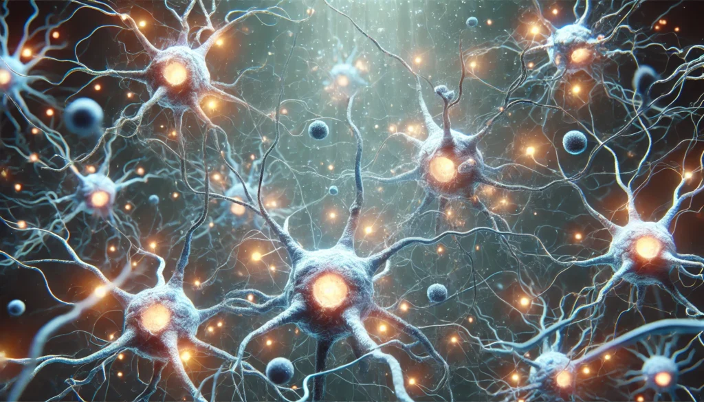 An abstract visualization of neurons repairing and reconnecting after alcohol-induced damage. Some neurons appear shriveled and disconnected, while others glow and regenerate, symbolizing brain recovery and the reversal of cognitive decline.