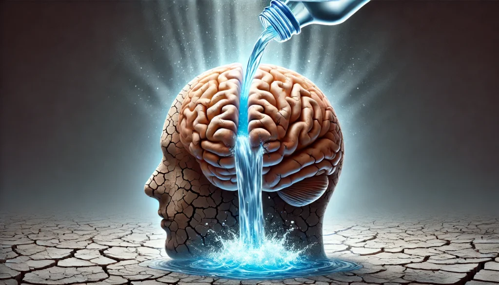 A symbolic representation of a dry, cracked brain being nourished by water-like energy waves, symbolizing the reversal of brain shrinkage due to alcohol. The cracks begin to fade as the brain absorbs the healing energy, representing cognitive restoration.