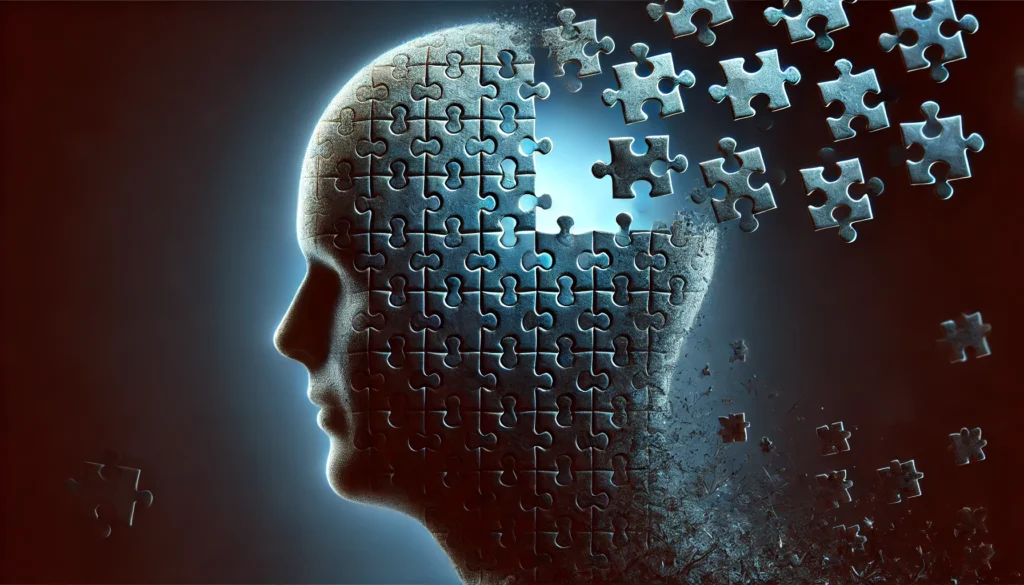 A symbolic depiction of drug abuse leading to cognitive decline, showing a person’s head splitting into fragmented puzzle pieces, with some pieces missing. The background fades into darkness, representing the long-term effects of substance abuse on brain function.