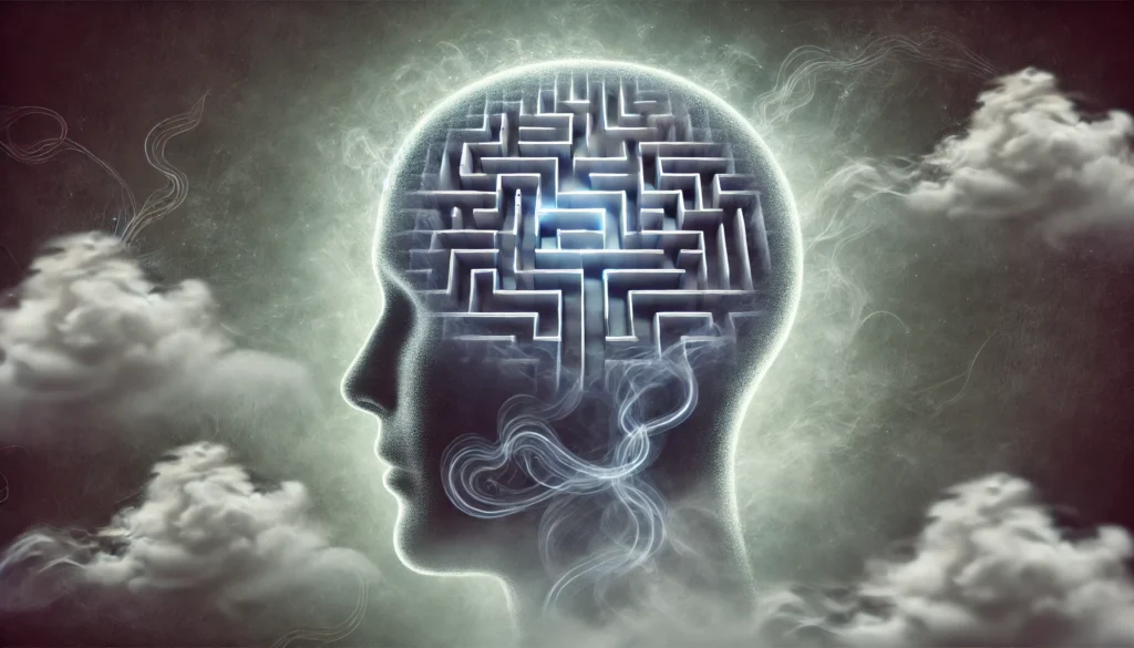 An artistic depiction of a foggy maze inside a human head, symbolizing confusion and memory issues due to B12 deficiency. The maze appears faint and disjointed, with pathways fading into mist, representing cognitive impairment.