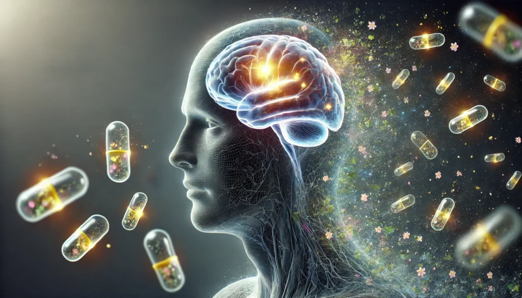 A surreal representation of a person with a transparent head, revealing a brain with fading light, symbolizing memory decline caused by B12 deficiency. Small vitamin B12 capsules float around, indicating the connection to nutrition.