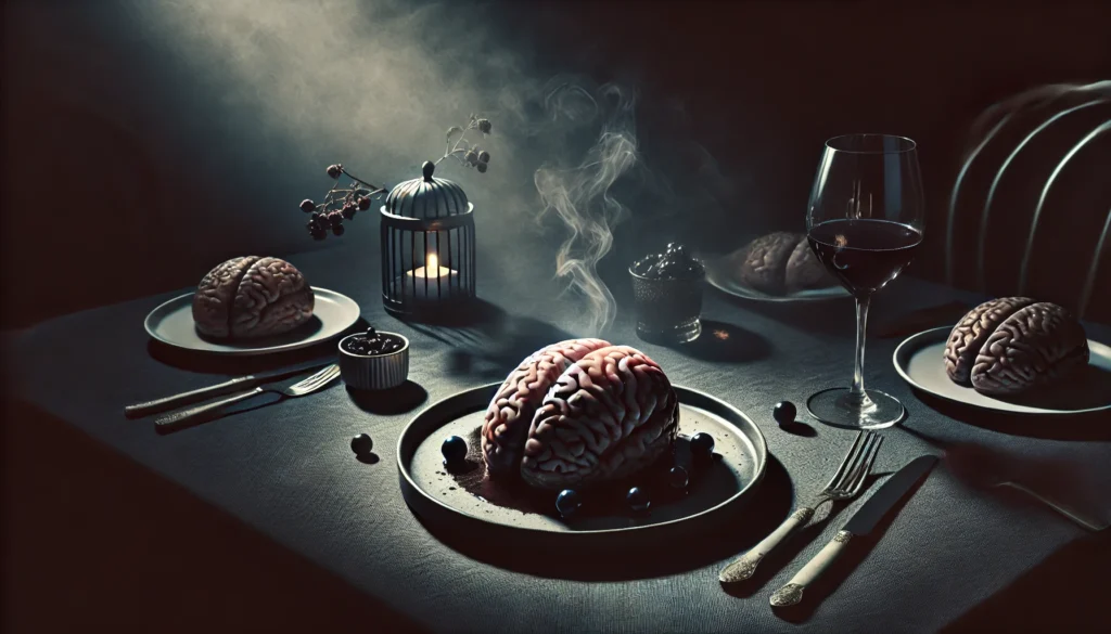 A dark, moody artistic scene of a gourmet dish resembling a brain, plated on an elegant table setting with a mysterious ambiance. Shadows and lighting create an unsettling yet intriguing atmosphere, symbolizing the ethical considerations of eating brain.