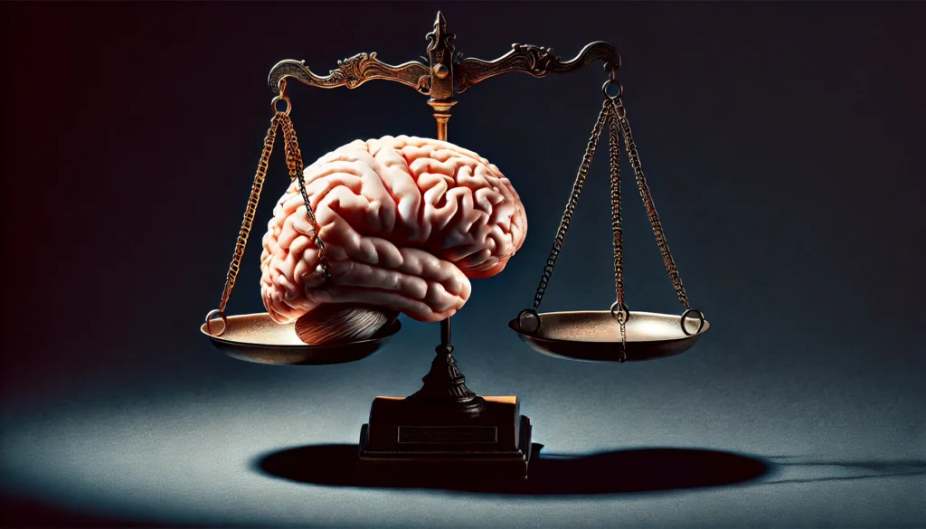 A philosophical and artistic visual of a brain delicately placed on a scale, symbolizing the ethical weight of consuming brain as food. The balance between morality and culinary culture is represented through dramatic lighting and deep shadows.