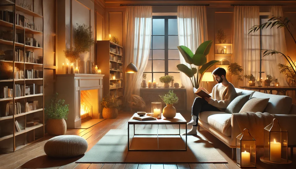 A cozy living room with a person reading a book on a plush sofa, soft lighting, and calming elements like plants and a fireplace, illustrating relaxation techniques for 'how to chillax.'