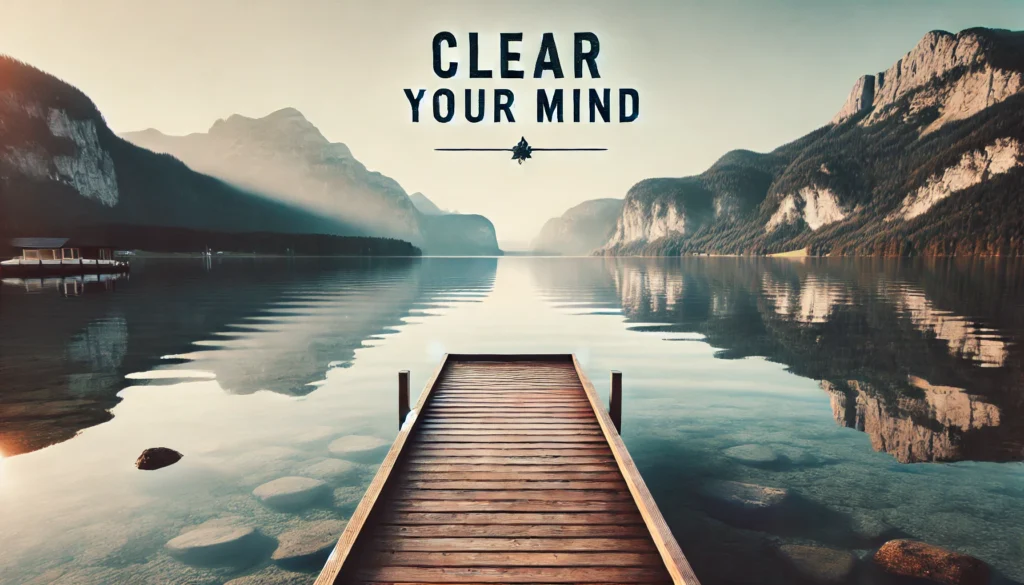 A peaceful lakeside scene featuring a wooden dock extending into the still water, reflecting the surrounding mountains and sky. The serene setting embodies the essence of 'clear your mind' and inner tranquility.