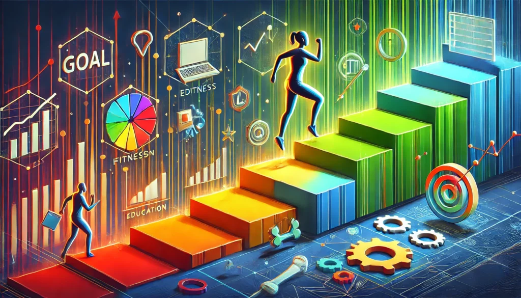 Vibrant and colorful illustration of a person at the start of a winding path leading to life goals like health, career, and personal growth, symbolizing ambition and the pursuit of success in an engaging style