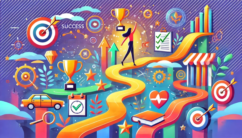 Vibrant and colorful concept art of goal setting, showing a person climbing a staircase with each step representing milestones like fitness, education, and career success, symbolizing progress and determination