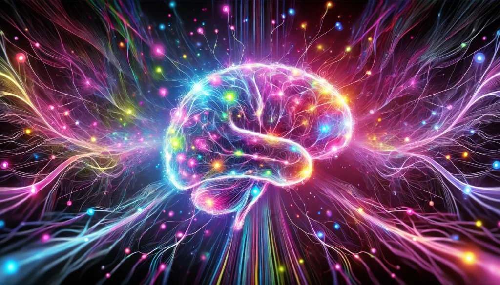 An abstract representation of neural pathways illuminated by radiant, psychedelic colors, symbolizing heightened brain activity and cognitive enhancement, with glowing lines and swirling neon light effect