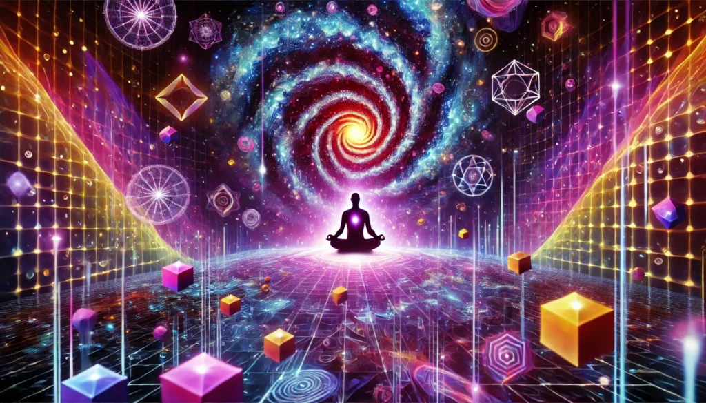 A surreal depiction of a human figure meditating within a glowing psychedelic vortex, surrounded by floating geometric shapes and vibrant neon colors, symbolizing cognitive enlightenment and nootropic effects