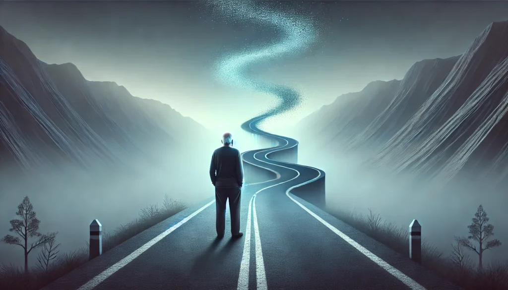 A symbolic representation of cognitive decline, featuring an elderly person standing at the edge of a winding road disappearing into fog, symbolizing confusion, disorientation, and fading memories.