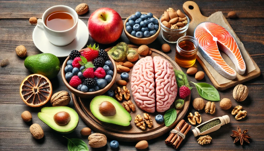 A nutritious meal with brain-boosting foods like nuts, berries, salmon, and green tea, arranged on a wooden table. The fresh ingredients symbolize how a healthy diet contributes to improved cognitive function and brain health.