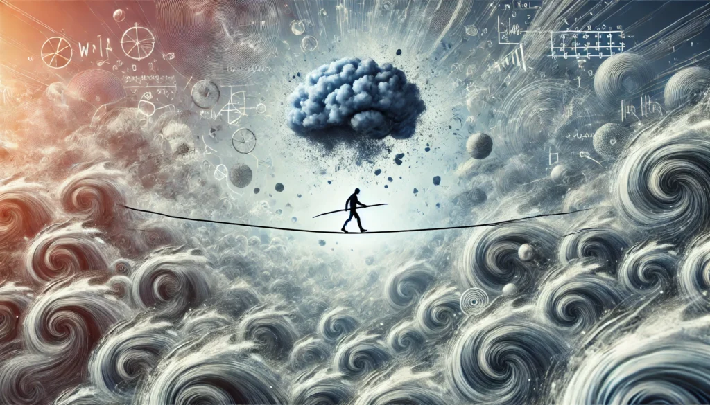 A conceptual representation of cognitive stress showing a person walking on a tightrope above a swirling storm of abstract thoughts and memories. The balance symbolizes mental strain and the challenge of handling real-life cognitive pressure.