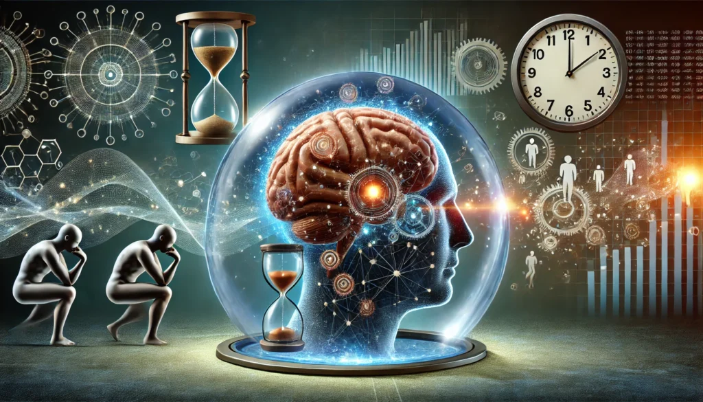 A symbolic image of a brain encased in a glass bubble, being pushed by external pressures like waves of data, glowing clocks, and abstract human figures. This represents the overwhelming nature of cognitive stress in daily life.