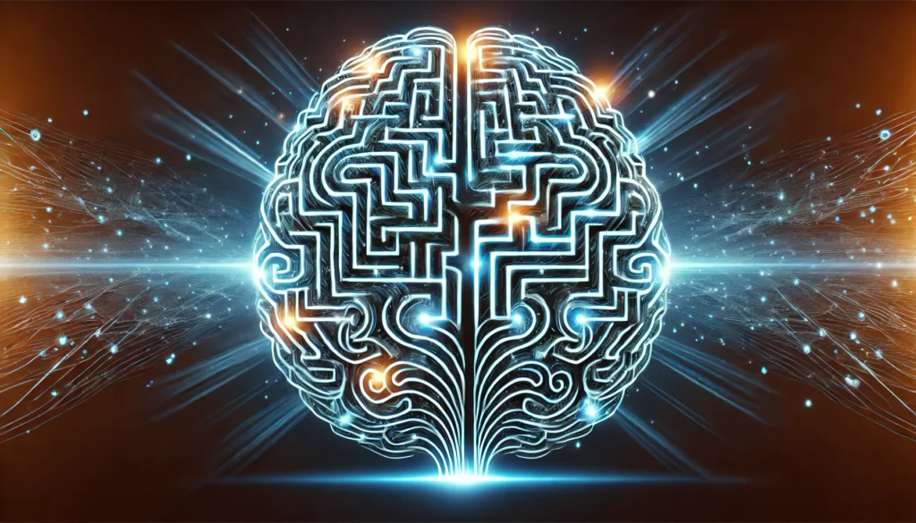 A symbolic visualization of cognitive skill enhancement, featuring a glowing maze inside a human brain. Light trails show different paths, representing critical thinking, decision-making, and the complexity of mental development.