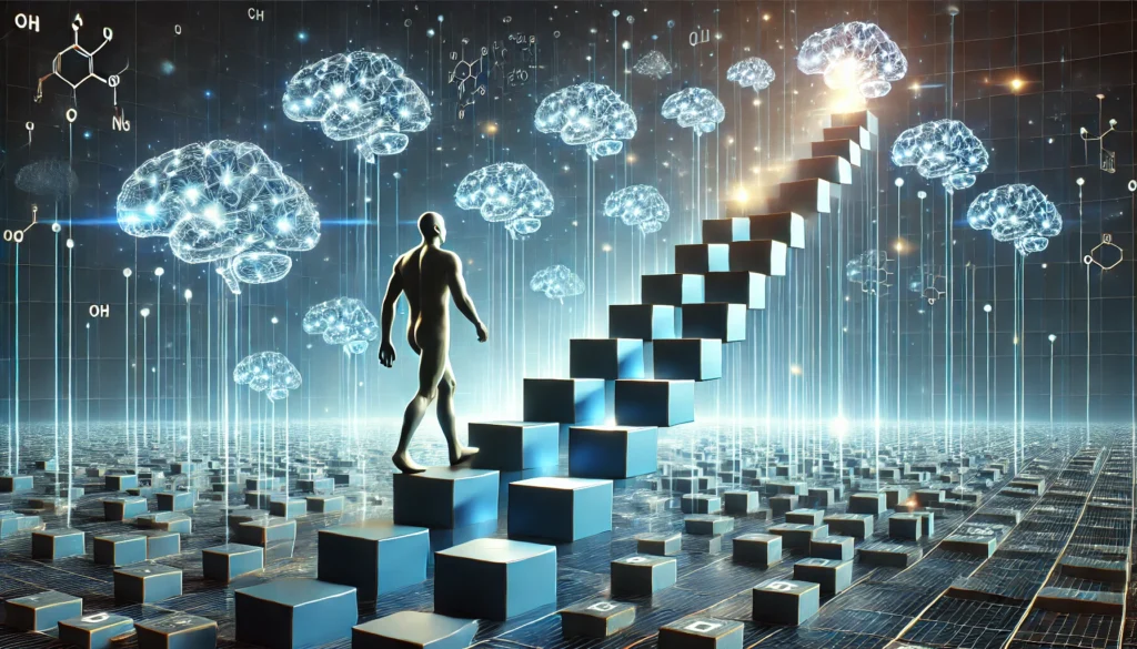 A conceptual representation of cognitive training, showing a human figure walking up a staircase made of floating memory blocks. Each step glows as they ascend, representing progressive skill development, problem-solving, and continuous mental improvement.