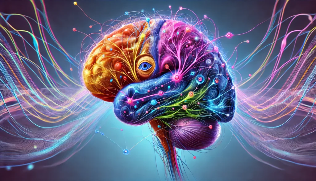 Vivid conceptual illustration of the human brain with neural pathways connecting the amygdala, hippocampus, and prefrontal cortex, symbolizing the complex interaction of emotion and memory processing