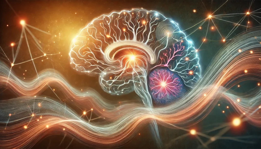 Artistic representation of the limbic system, with glowing neural pathways linking the amygdala, hippocampus, and thalamus, representing the dynamic processing of emotions and emotional memory